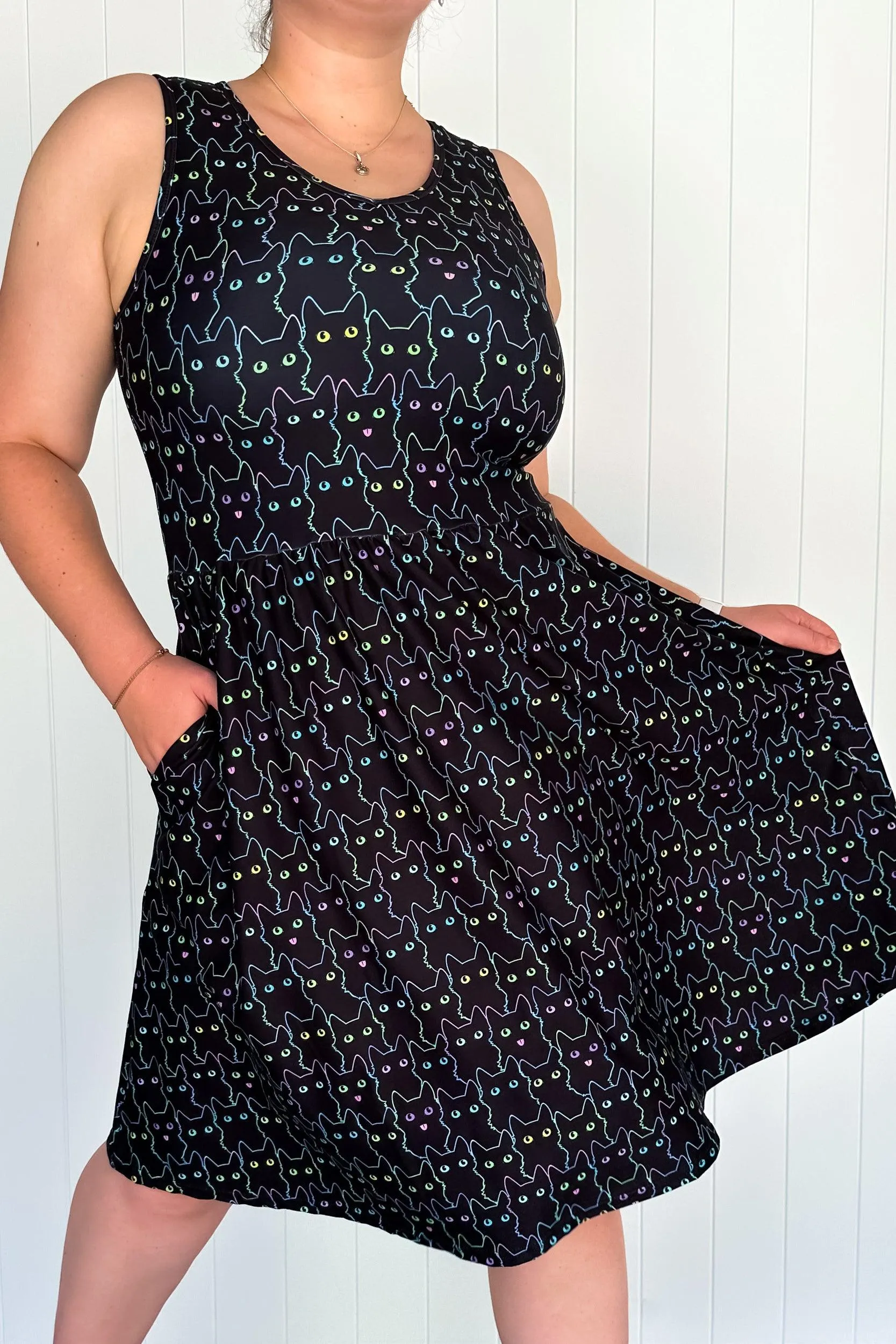 Lucky Cats - Sleeveless Knee Length Dress - Side Pockets