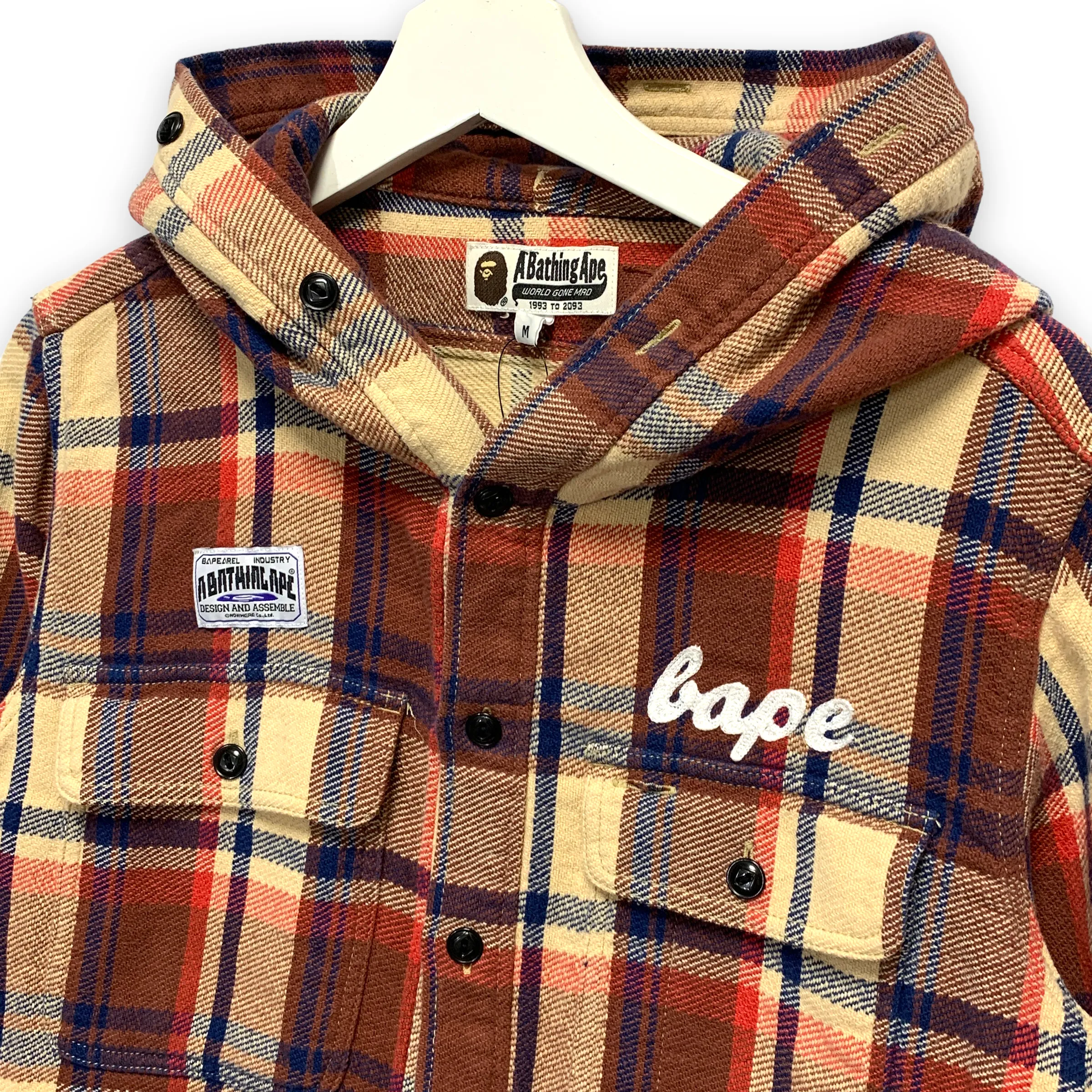 [M] A Bathing Ape Bape Plaid Full Button Hooded Hoodie Flannel Shirt