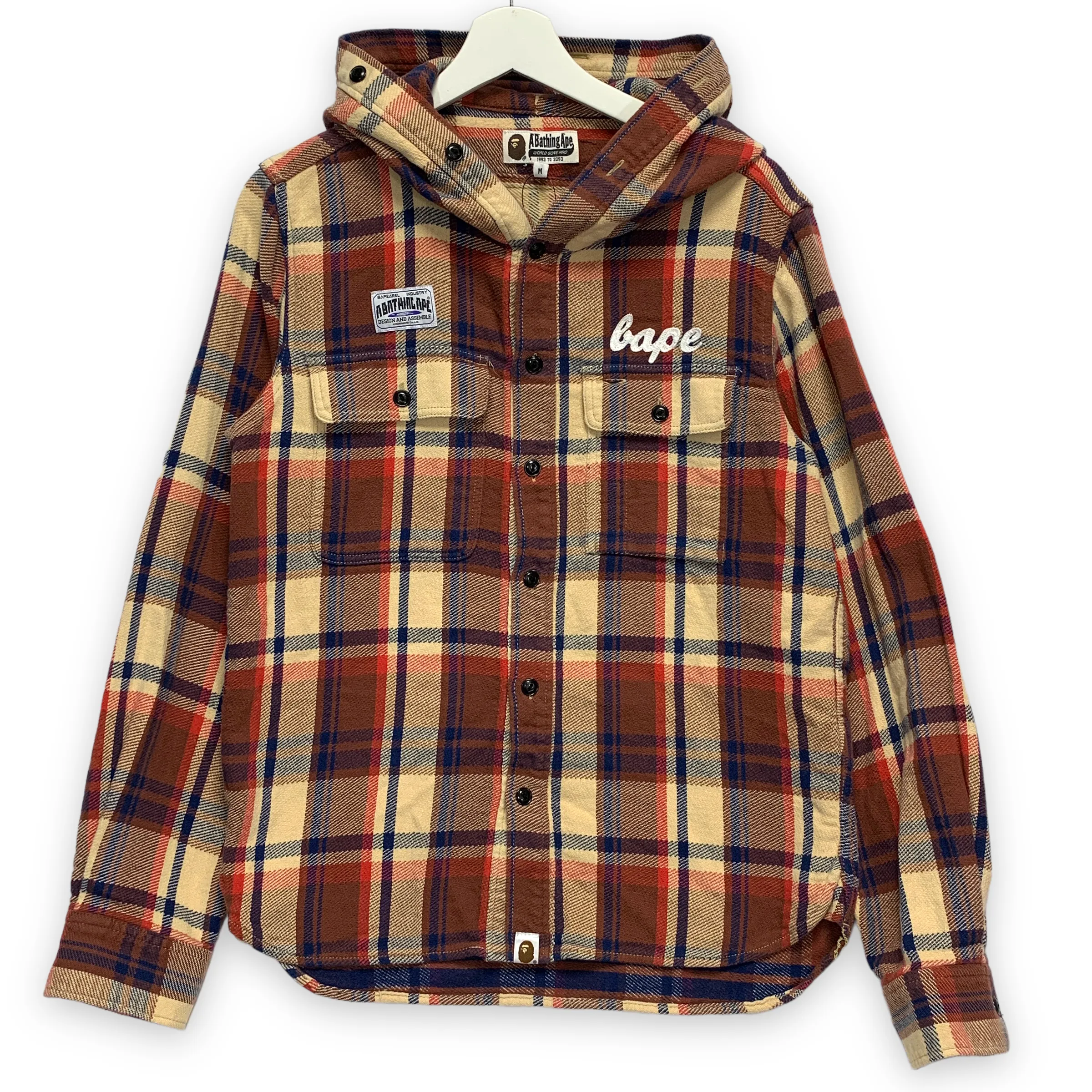 [M] A Bathing Ape Bape Plaid Full Button Hooded Hoodie Flannel Shirt
