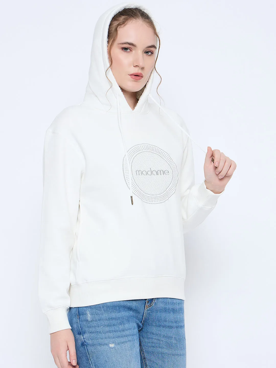Madame Graphic Print Loose Fit White Hooded Sweatshirt