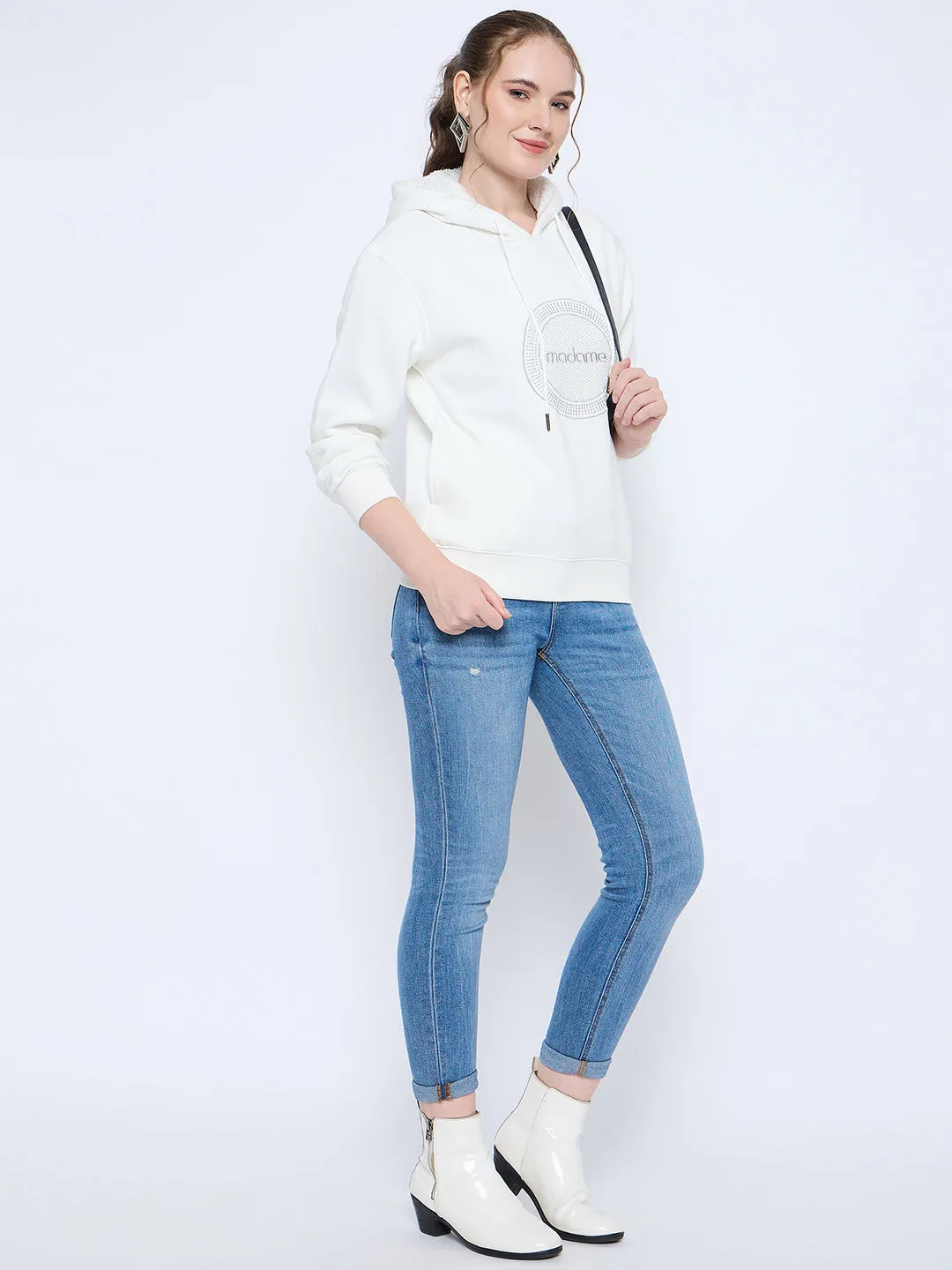 Madame Graphic Print Loose Fit White Hooded Sweatshirt
