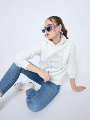 Madame Graphic Print Loose Fit White Hooded Sweatshirt