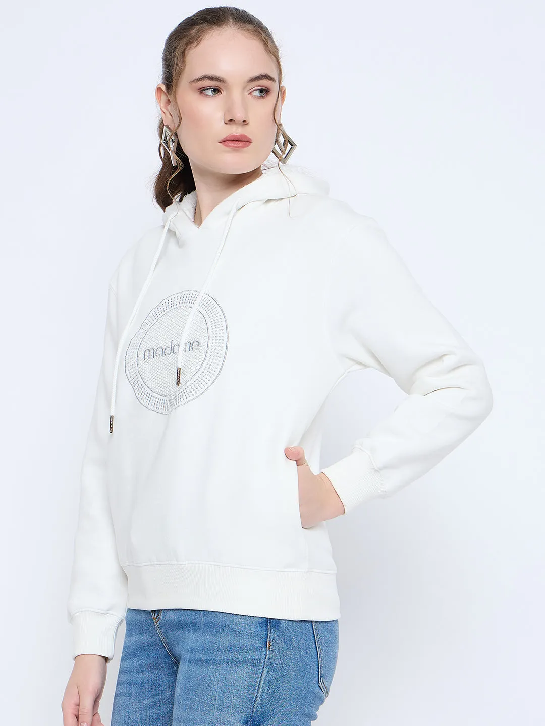 Madame Graphic Print Loose Fit White Hooded Sweatshirt