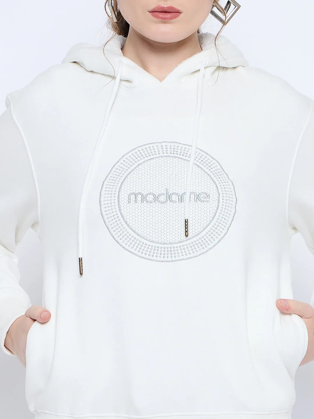 Madame Graphic Print Loose Fit White Hooded Sweatshirt