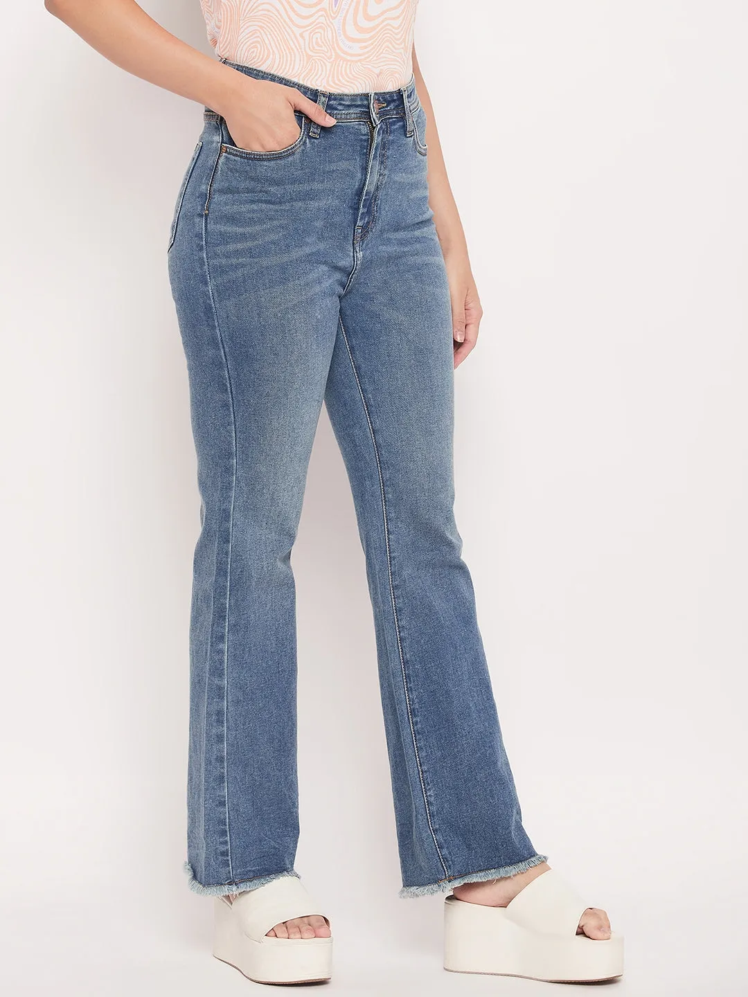 Madame Light Blue Fade Raw  Hem Flared Jeans