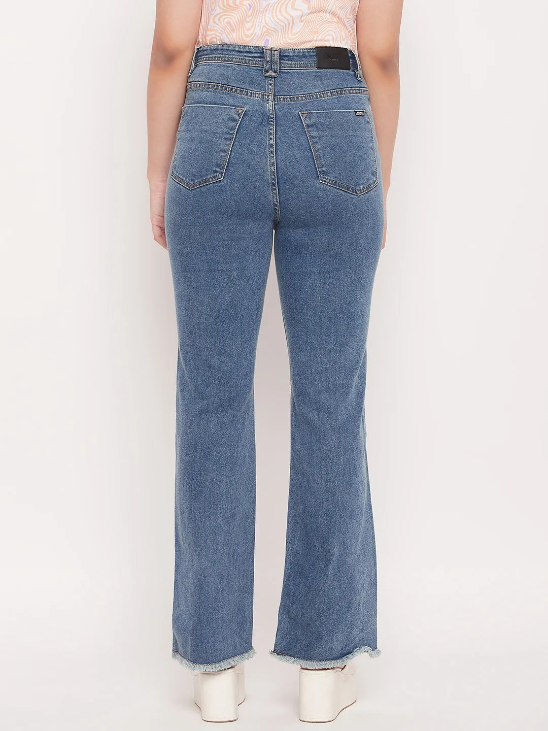 Madame Light Blue Fade Raw  Hem Flared Jeans