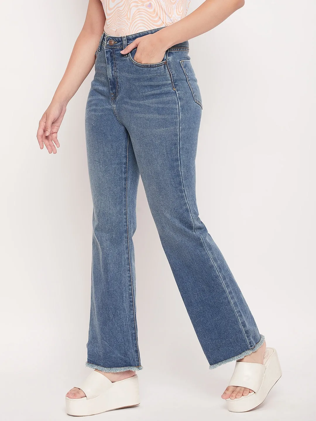 Madame Light Blue Fade Raw  Hem Flared Jeans