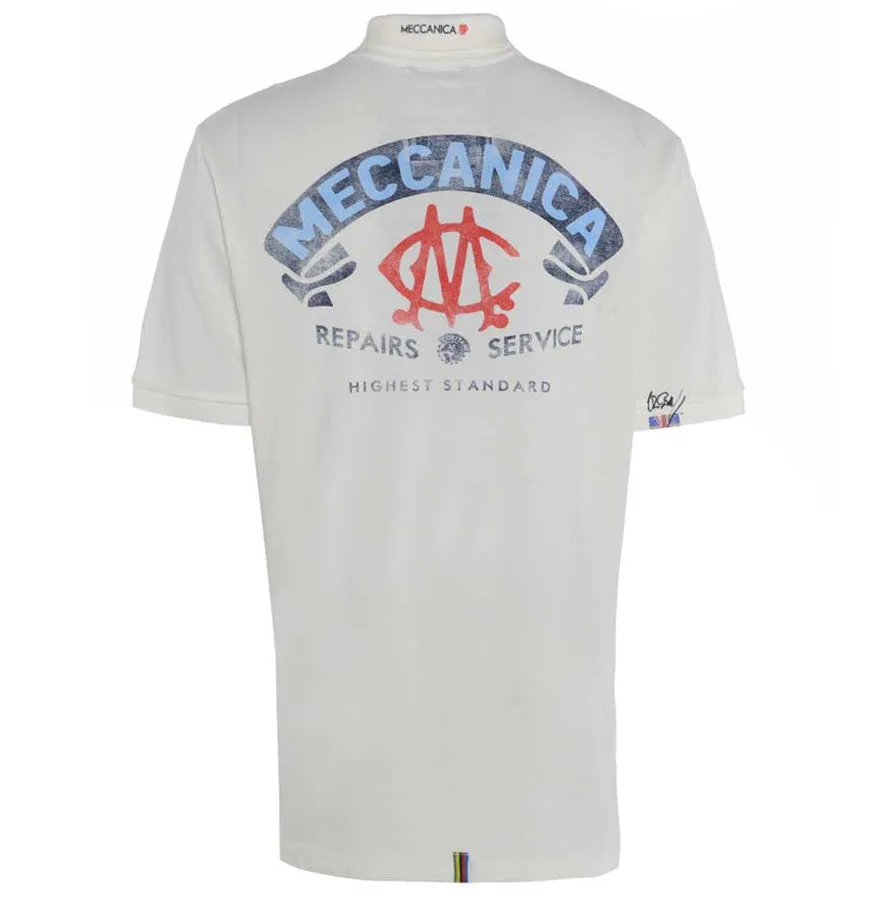 Meccanica Clothing Classic Men's British Made Cotton Piquet Polo Pit Lane White Motif