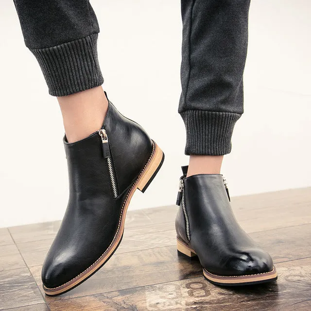 Men Low Sewing Solid Vintage Motorcycle Boots