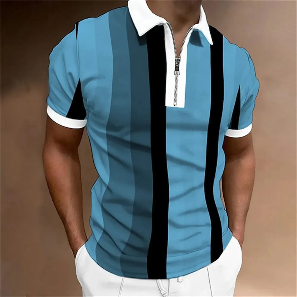 Men Polo Shirt Stripes Short Sleeve T-shirt