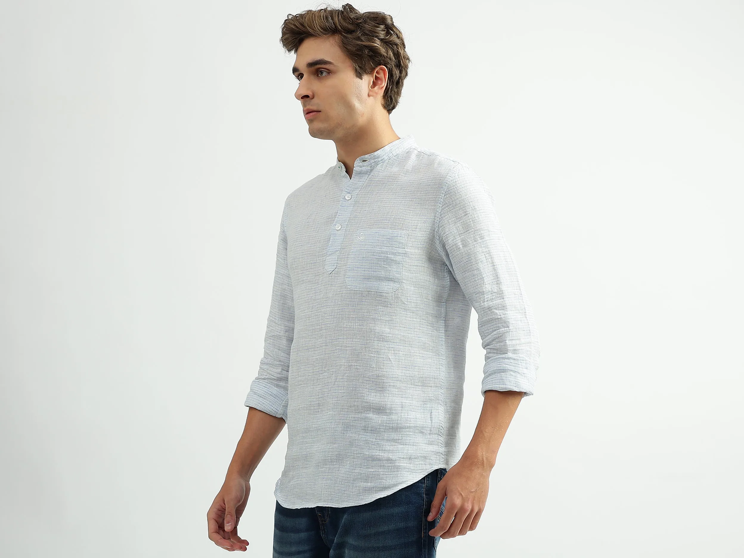 Men Striped Mandarin Collar Shirt