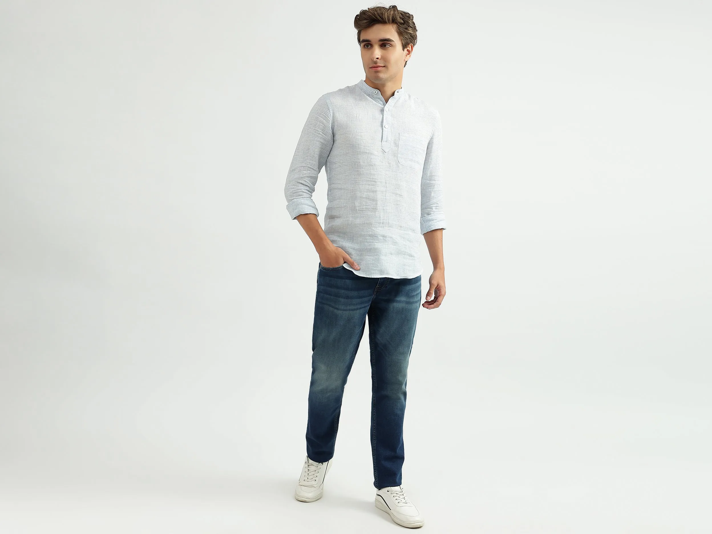 Men Striped Mandarin Collar Shirt