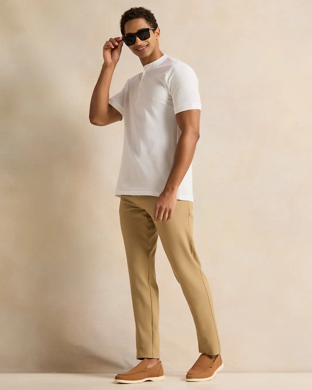 Men White Henley Polo Shirt