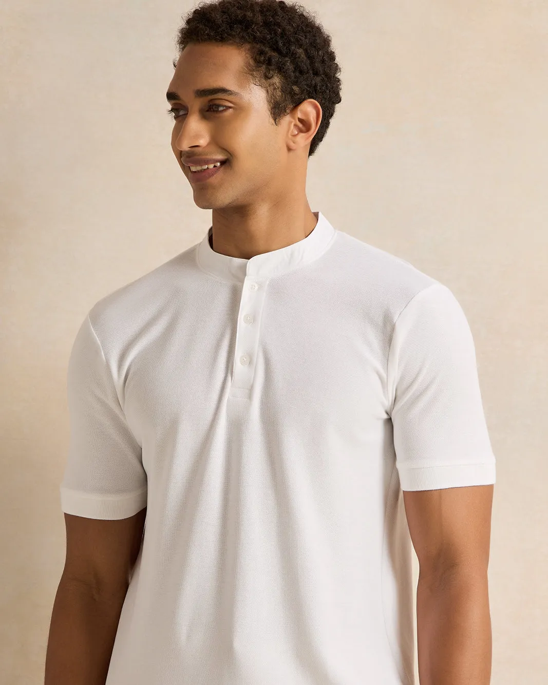 Men White Henley Polo Shirt