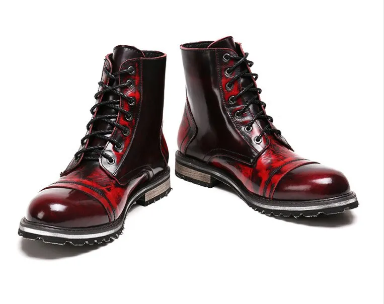 Men Wine Red British Leather High Boots