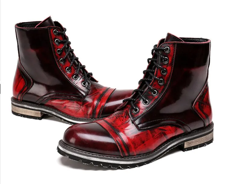 Men Wine Red British Leather High Boots