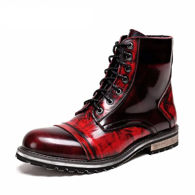 Men Wine Red British Leather High Boots