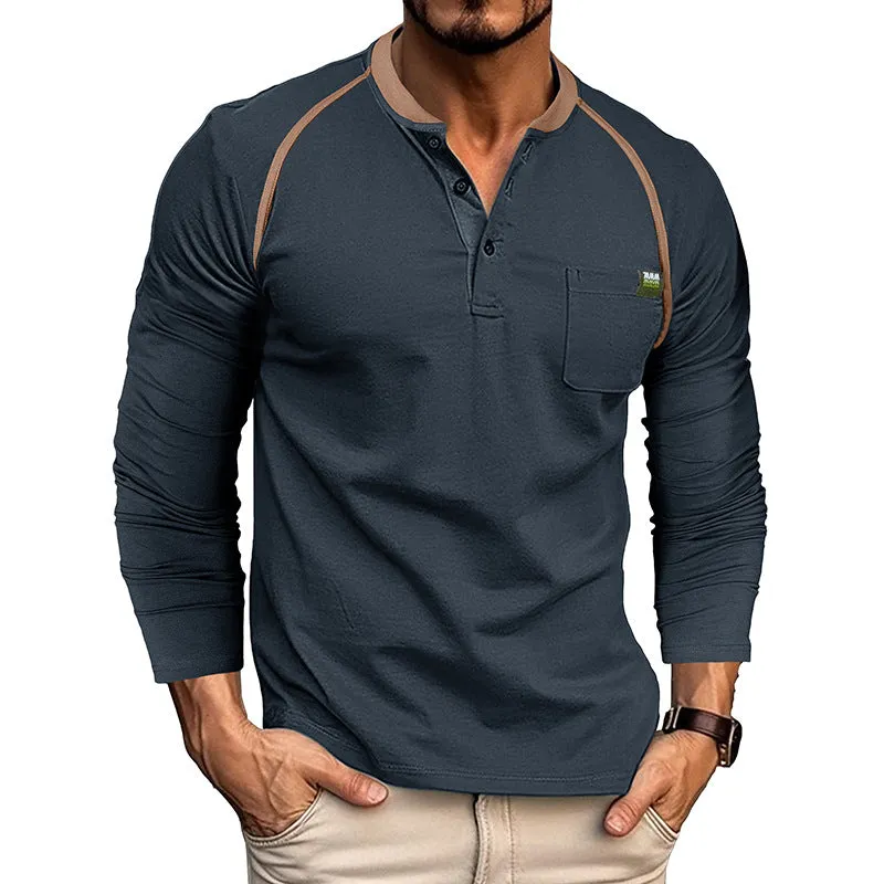 Men's Color Block Long Sleeve Henley Shirt