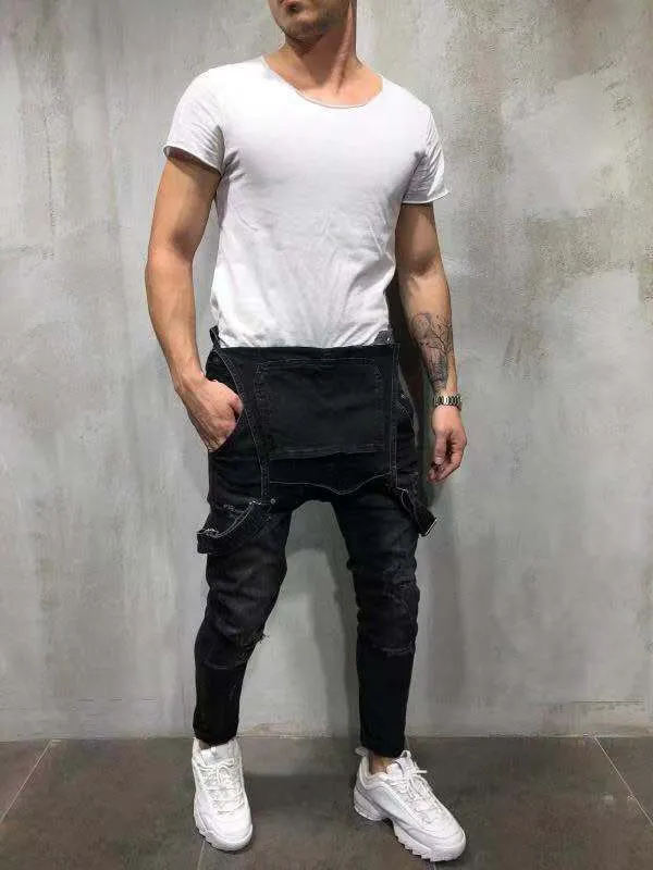 Men's Ripped Jeans Mid Waisted Denim Jumpsuits Rompers Jeans