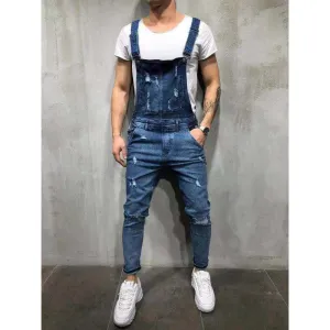 Men's Ripped Jeans Mid Waisted Denim Jumpsuits Rompers Jeans