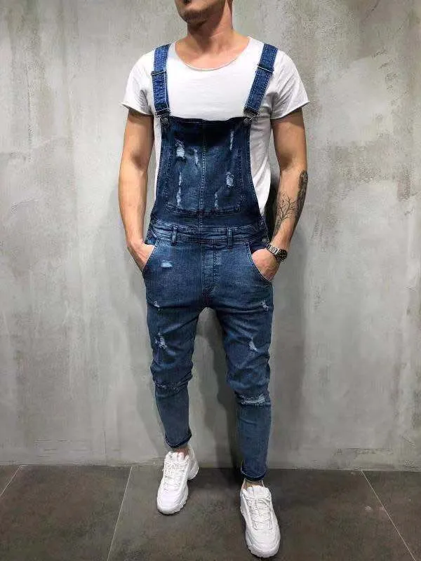 Men's Ripped Jeans Mid Waisted Denim Jumpsuits Rompers Jeans