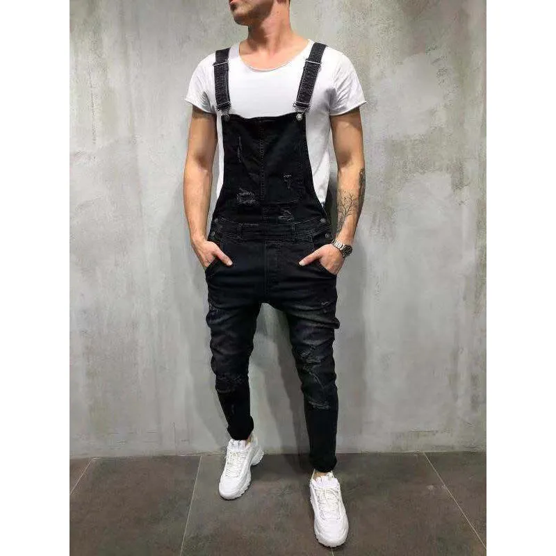 Men's Ripped Jeans Mid Waisted Denim Jumpsuits Rompers Jeans