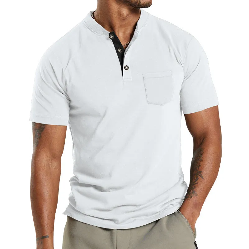 Men's Solid Color Pocket Short Sleeve Henley T-shirt