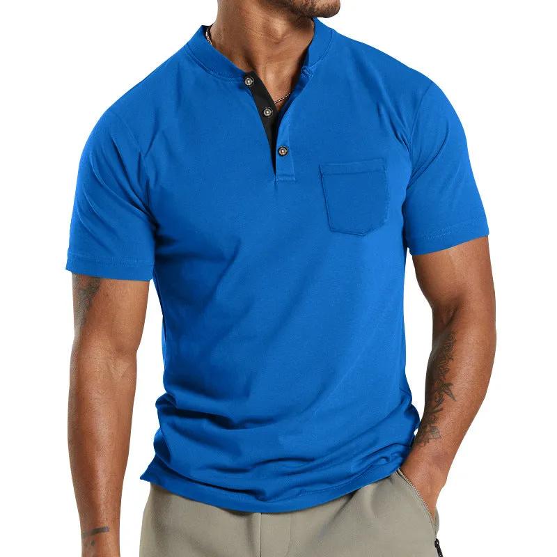Men's Solid Color Pocket Short Sleeve Henley T-shirt