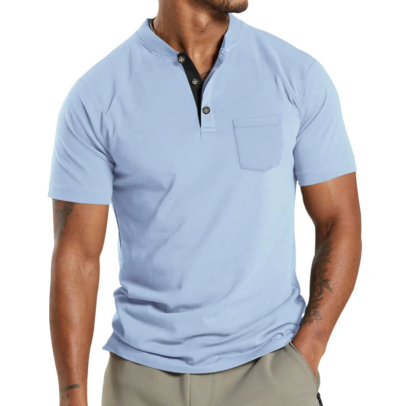 Men's Solid Color Pocket Short Sleeve Henley T-shirt