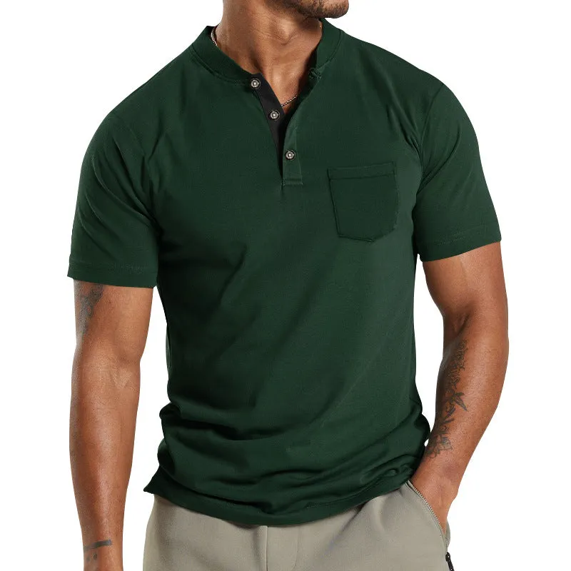 Men's Solid Color Pocket Short Sleeve Henley T-shirt
