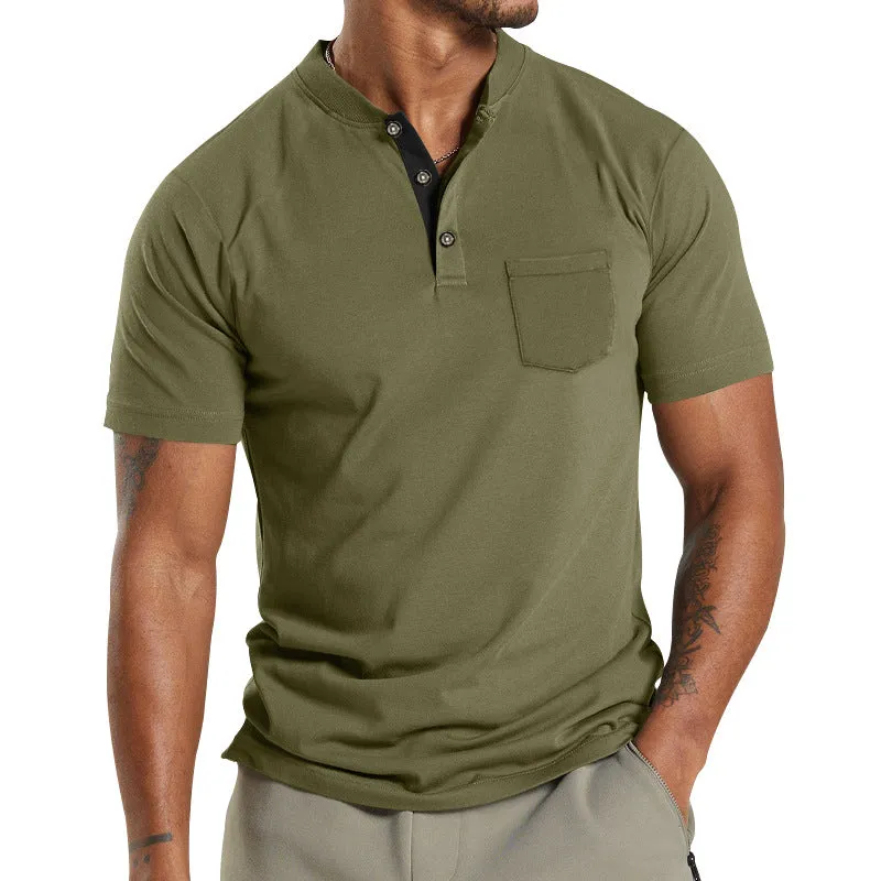Men's Solid Color Pocket Short Sleeve Henley T-shirt