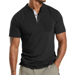 Men's Solid Color Pocket Short Sleeve Henley T-shirt