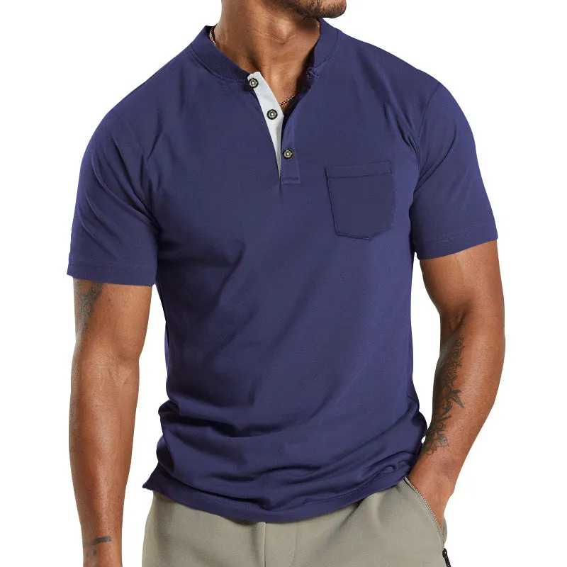 Men's Solid Color Pocket Short Sleeve Henley T-shirt
