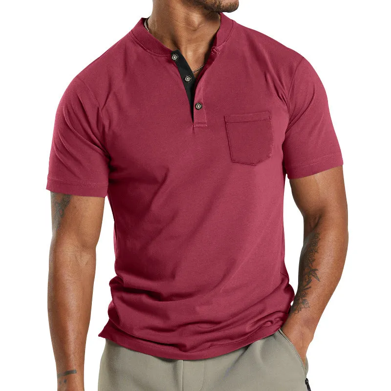 Men's Solid Color Pocket Short Sleeve Henley T-shirt