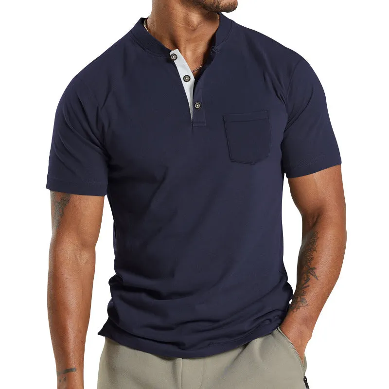 Men's Solid Color Pocket Short Sleeve Henley T-shirt