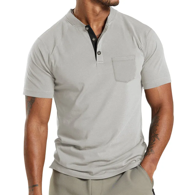 Men's Solid Color Pocket Short Sleeve Henley T-shirt