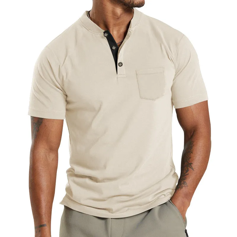 Men's Solid Color Pocket Short Sleeve Henley T-shirt