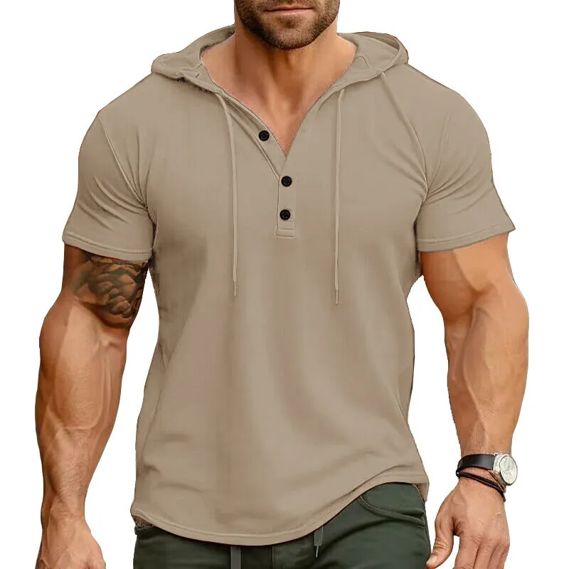 Men's Solid Color Stretch Slim Fit Short Sleeve Hooded Henley Shirt