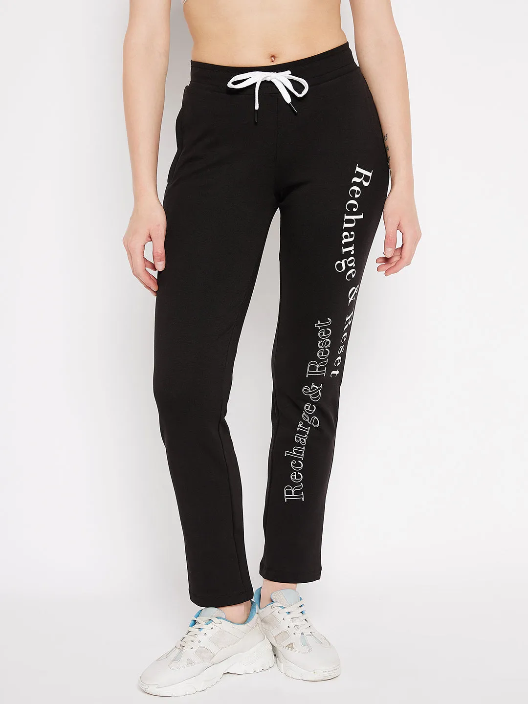 mSECRET Black Printed Track Pants In Cotton Blend