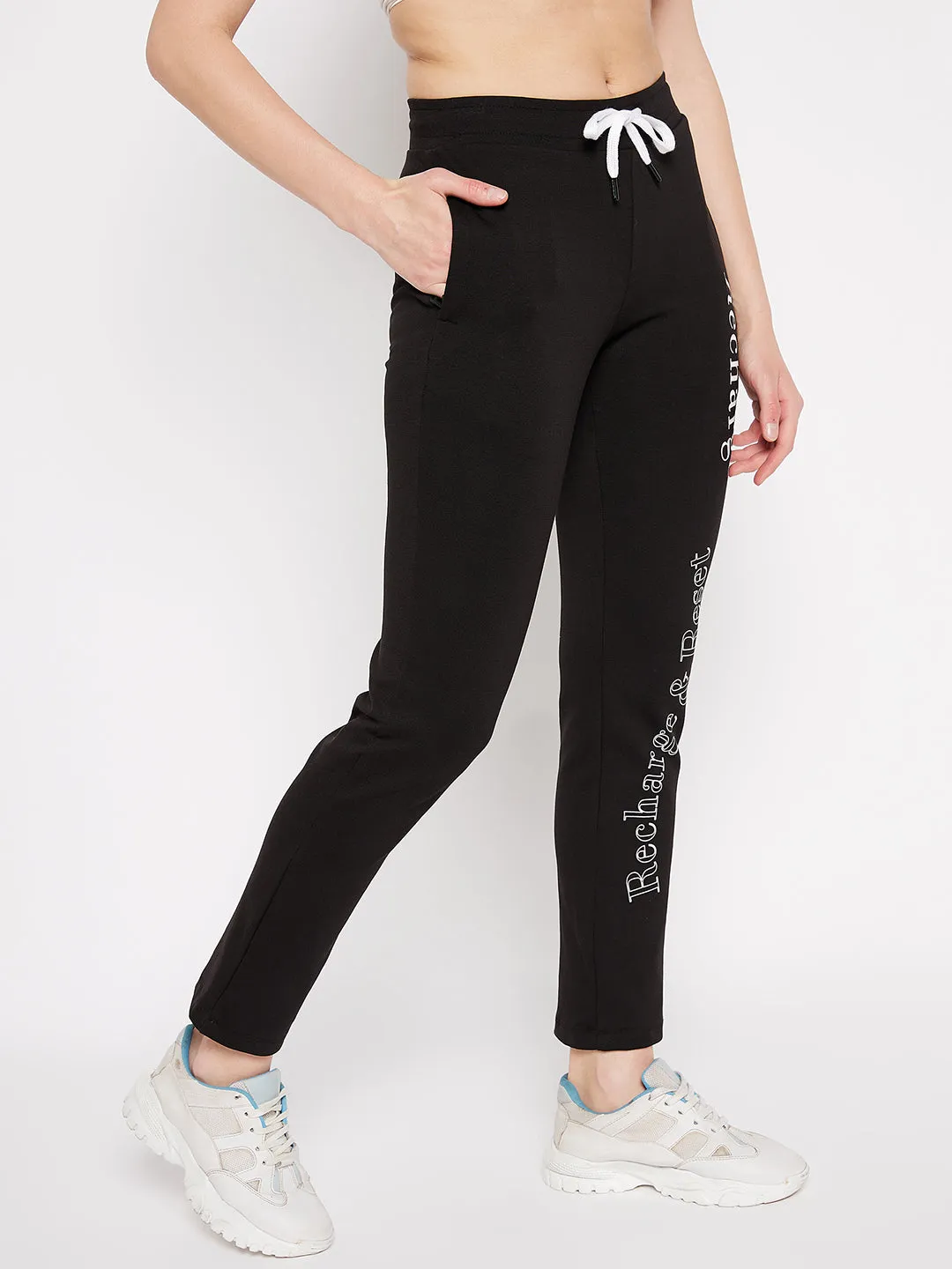 mSECRET Black Printed Track Pants In Cotton Blend