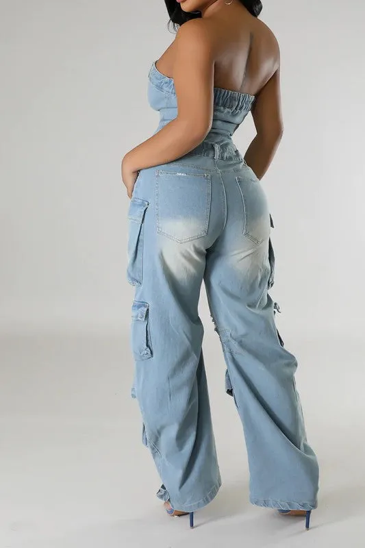 Nancy Strapless Cargo Denim Jumpsuit