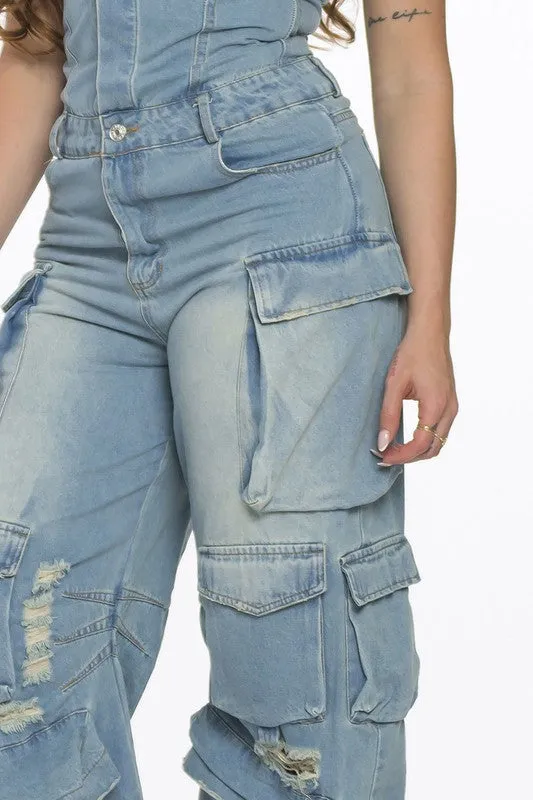 Nancy Strapless Cargo Denim Jumpsuit