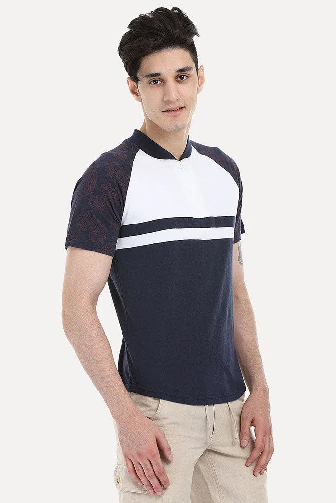 Navy And White Paisley Block Raglan Tee