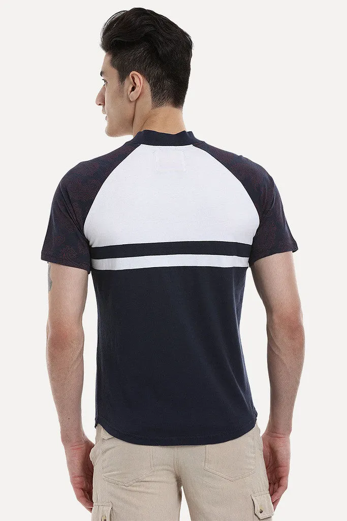Navy And White Paisley Block Raglan Tee