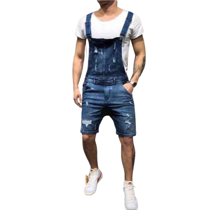 Newest Men's Ripped Denim Bib Workwear Slim Fit Denim Jumpsuit