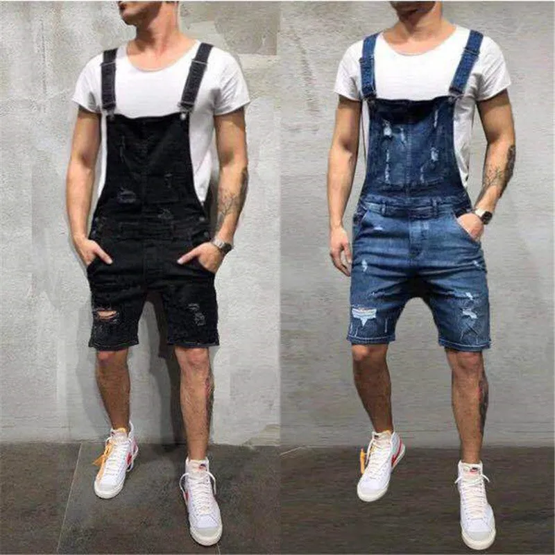 Newest Men's Ripped Denim Bib Workwear Slim Fit Denim Jumpsuit