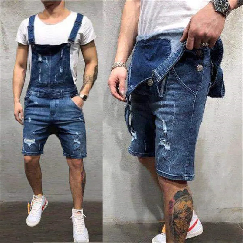 Newest Men's Ripped Denim Bib Workwear Slim Fit Denim Jumpsuit