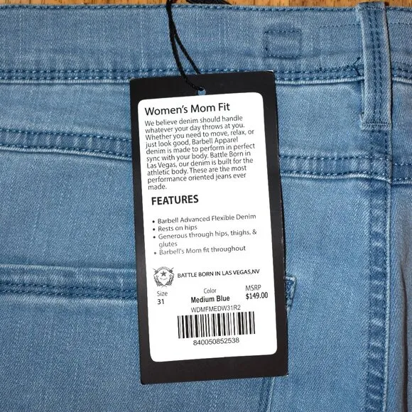NWT Women's Barbell Apparel Mom Fit Distressed Blue Denim Jeans Sz 31