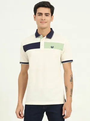 Off-White & Navy Blue Striped Slim Fit Polo T-Shirt | Greenfibre
