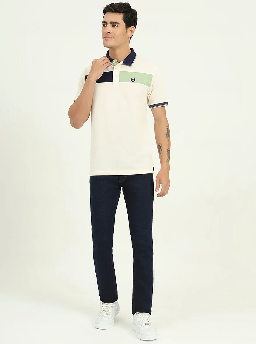 Off-White & Navy Blue Striped Slim Fit Polo T-Shirt | Greenfibre